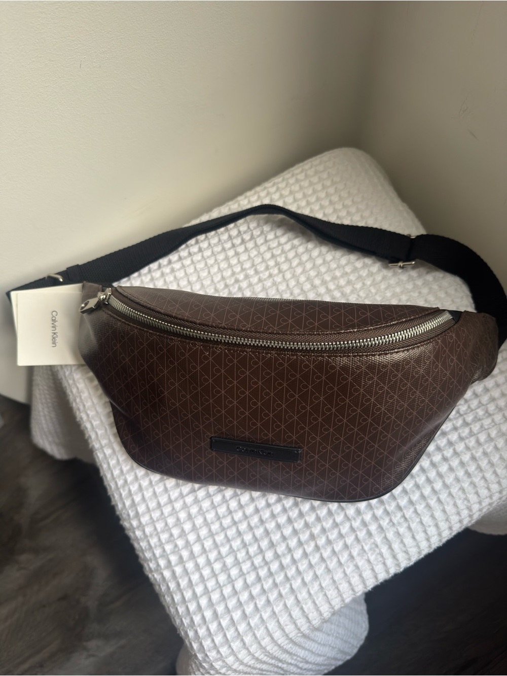 Calvin Klein Brown Monogram Belt Bag with Black Strap